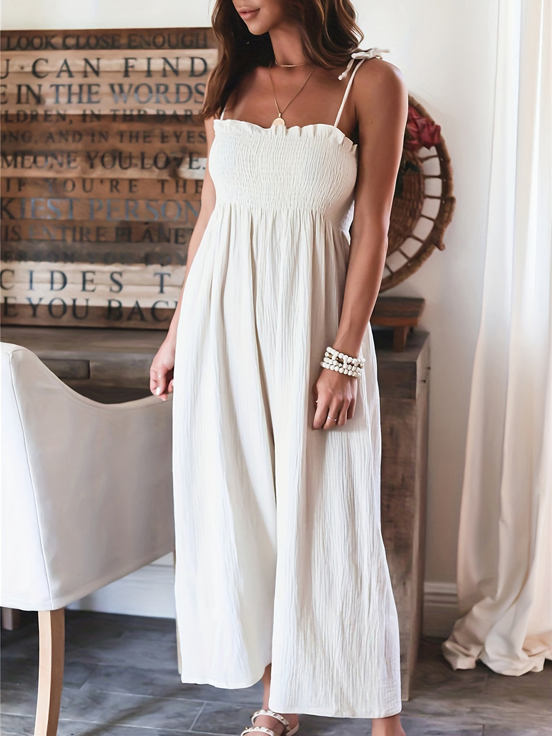 Plus Size Smocked Spaghetti Strap Wide Leg Jumpsuit Sunset and Swim White S 