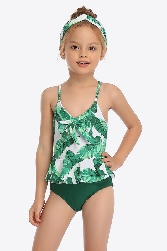 Sunset Vacation  Printed Bow Detail Ruffled One-Piece Swimsuit I Kids Swimwear  Sunset and Swim Mid Green 4T 
