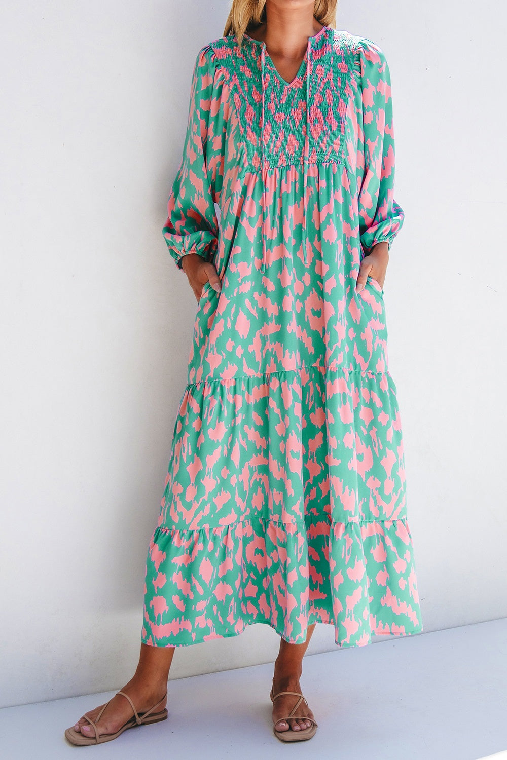 Smocked Printed Tie Neck Long Sleeve Dress Sunset and Swim Turquoise S 