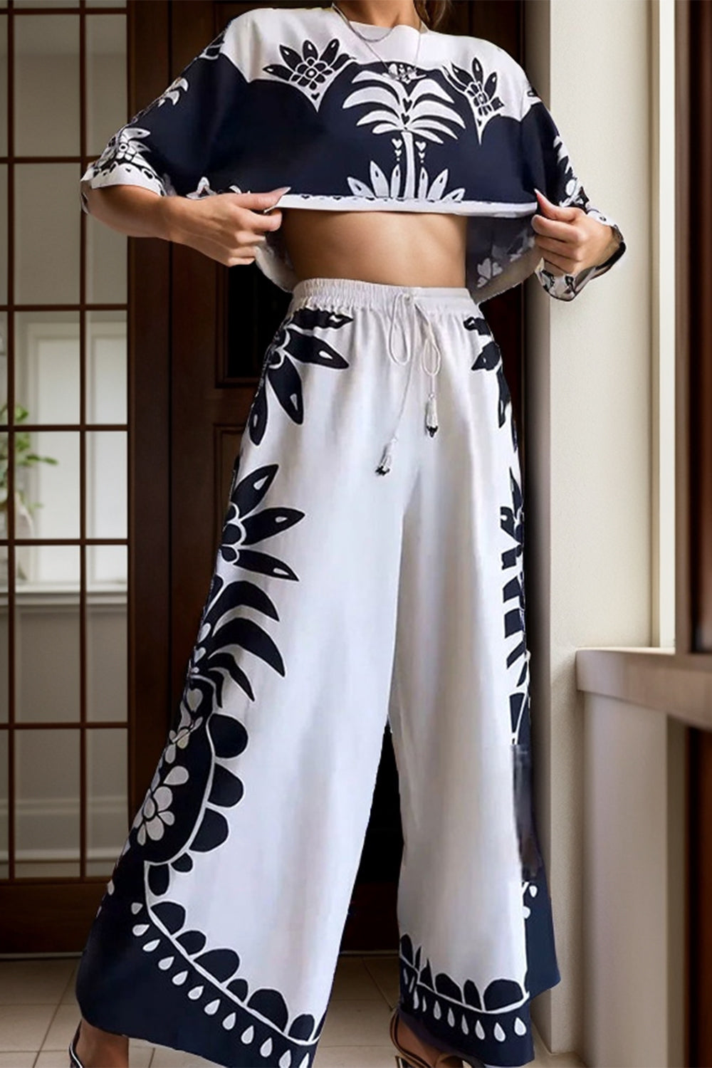 Printed Half Sleeve Top and Wide Leg Pants Set Sunset and Swim   