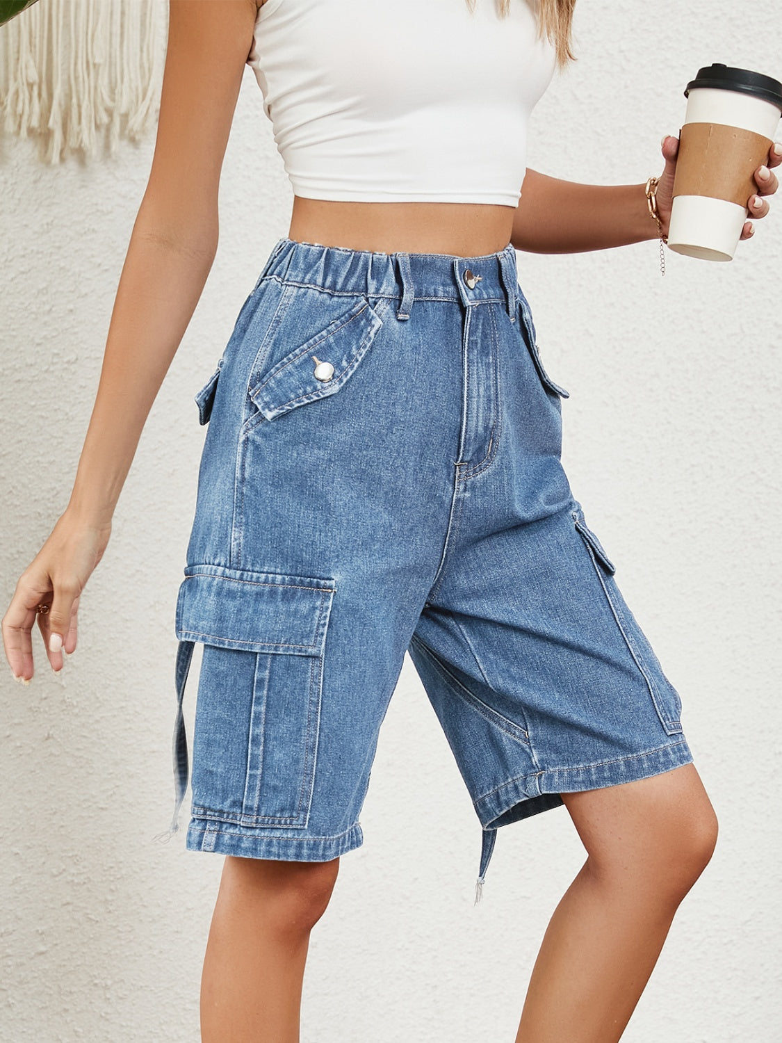 High Waist Denim Shorts with Pockets Sunset and Swim   