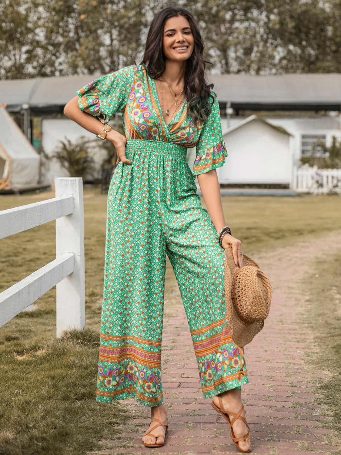 Floral Surplice Flutter Sleeve Jumpsuit Sunset and Swim   