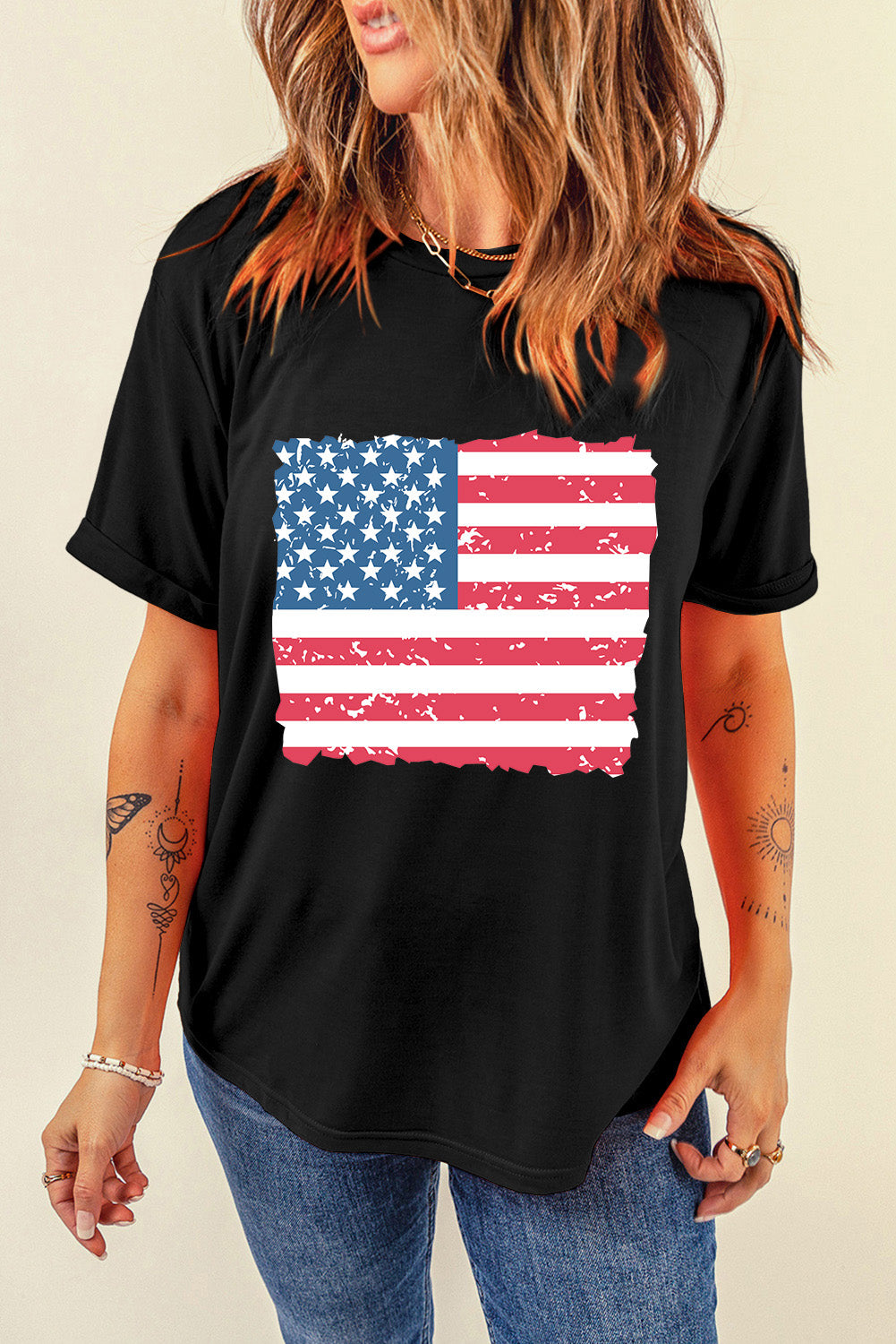 USA Flag Round Neck Short Sleeve T-Shirt Sunset and Swim Black S 