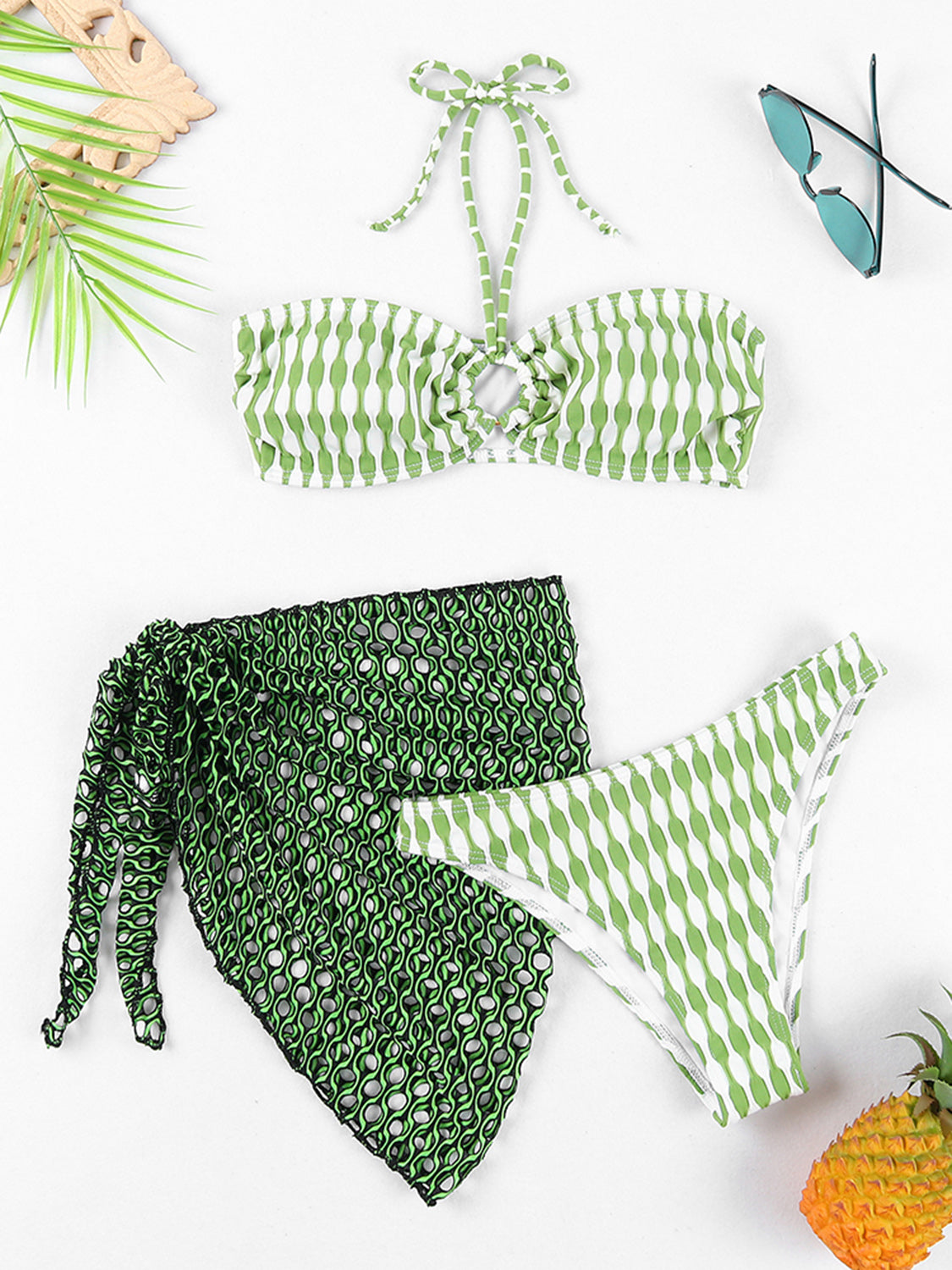 Geometric Halter Neck Three-Piece Swim Set Sunset and Swim Lime S 