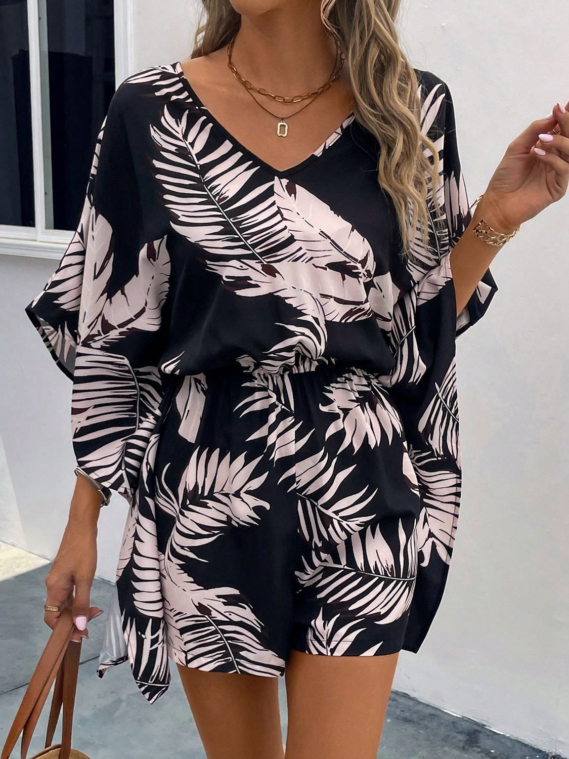 Printed V-Neck Romper Sunset and Swim Black S 