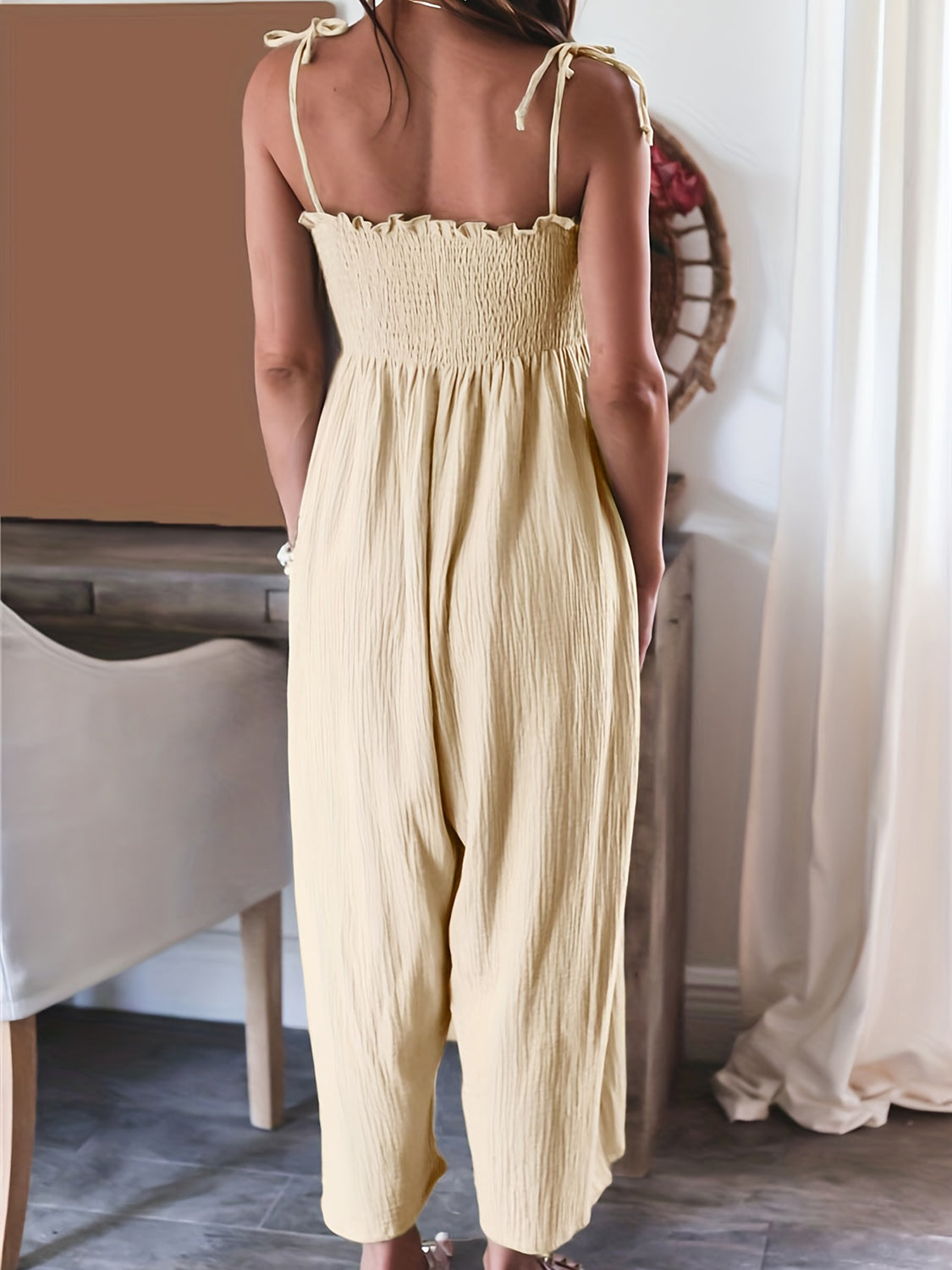 Plus Size Smocked Spaghetti Strap Wide Leg Jumpsuit Sunset and Swim   