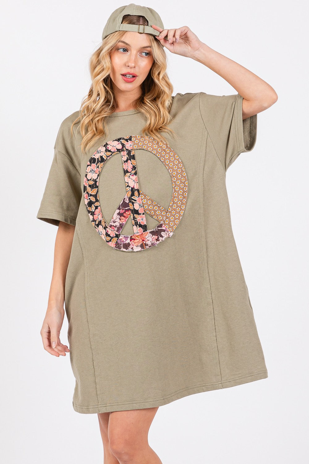Sunset and Swim  Full Size Peace Sign Applique Short Sleeve Tee Dress Sunset and Swim Olive Drab S 