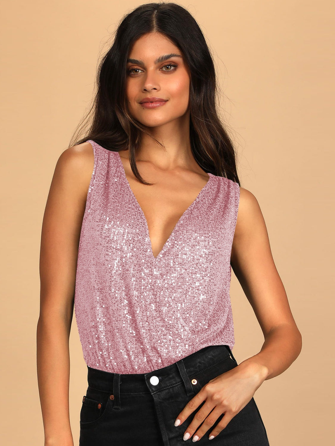 Sequin Surplice Sleeveless Bodysuit Sunset and Swim Pink S 