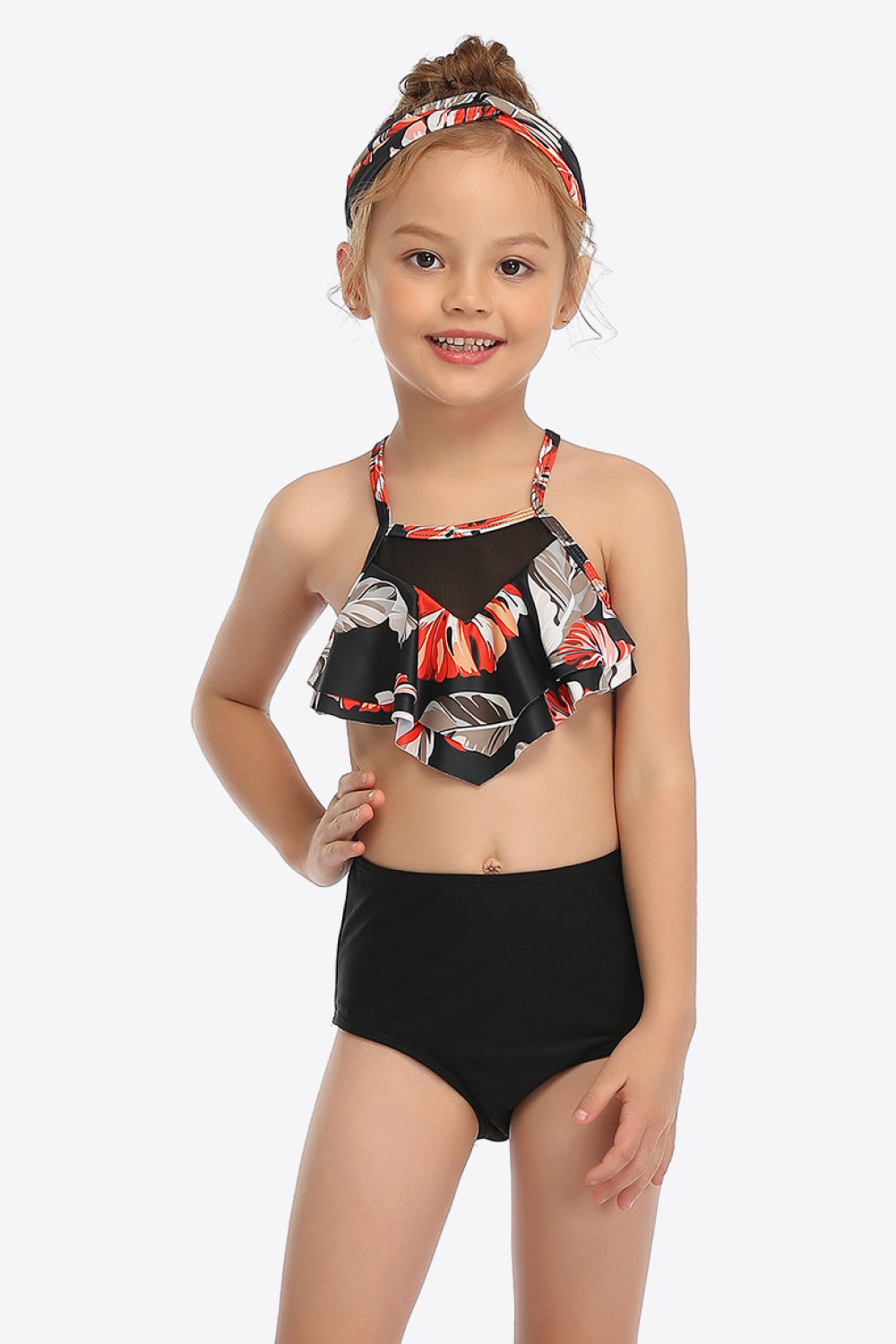 Sunset Vacation  Botanical Print Ruffled Two-Piece Swim Set I Kids Swimwear Sunset and Swim Black/Red 4T 