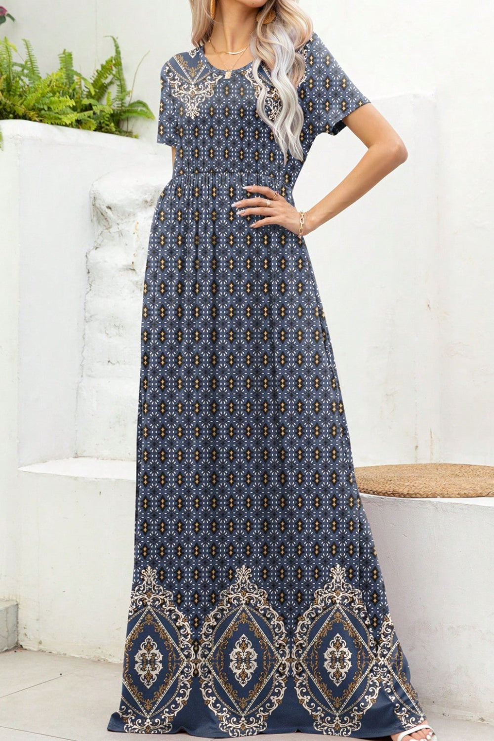 Printed Round Neck Short Sleeve Maxi Dress Sunset and Swim French Blue S 