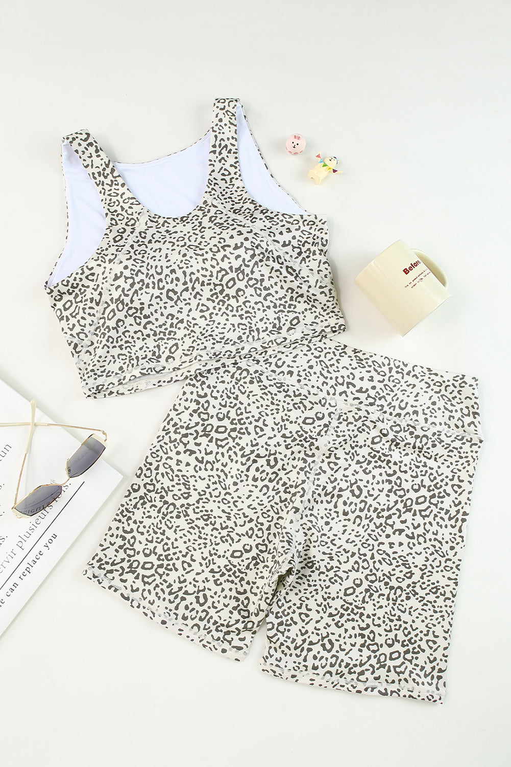 Leopard Round Neck Wide Strap Top and Shorts Set Sunset and Swim   