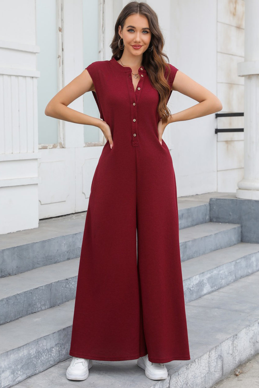 Sunset and Swim  Half Button Wide Leg Jumpsuit with Pockets Sunset and Swim   