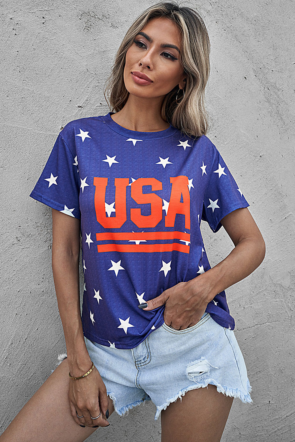 USA Star Print Round Neck T-Shirt Sunset and Swim Light Indigo S 