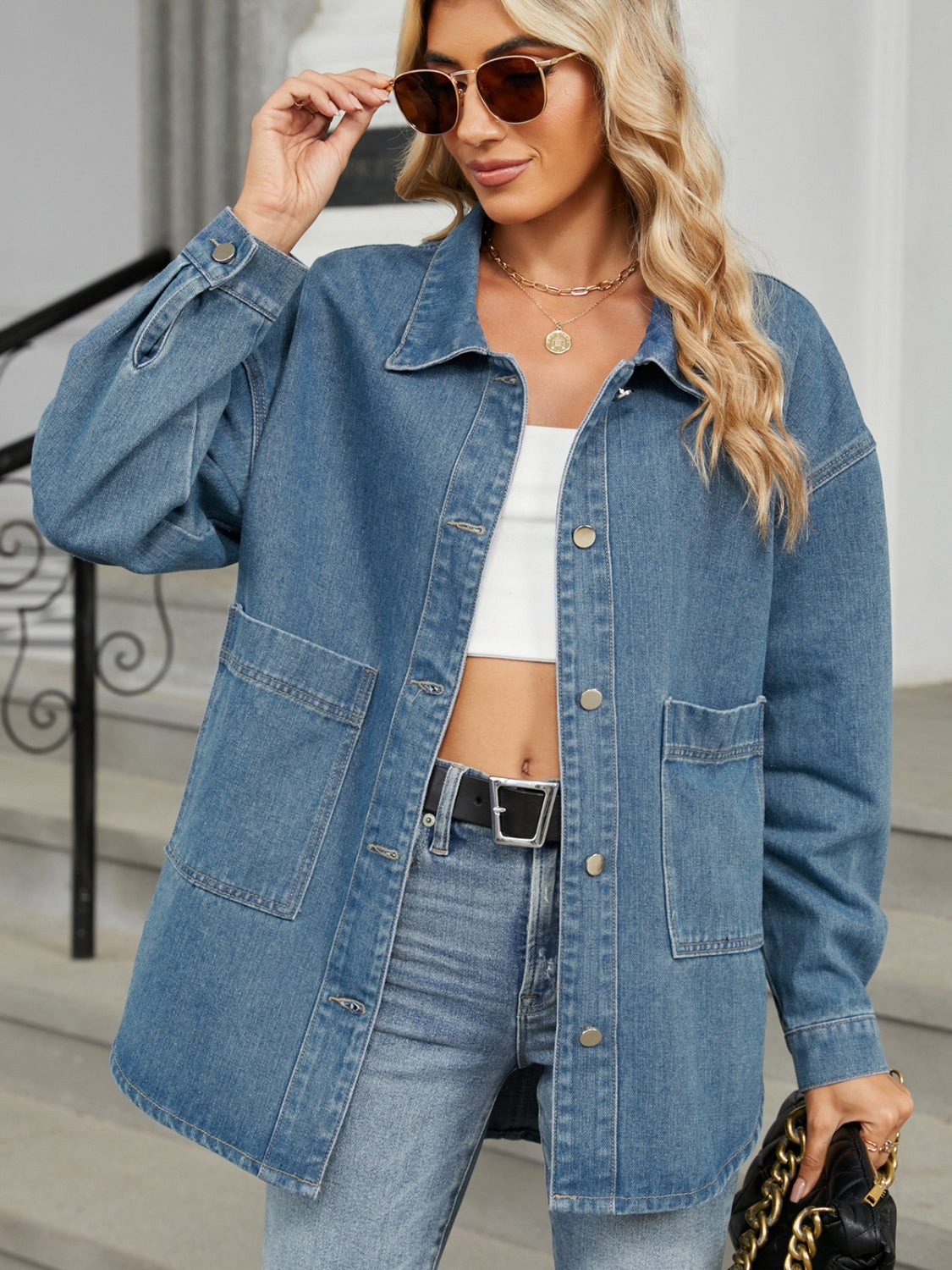 Removable Hood Button Up Long Sleeve Denim Jacket Sunset and Swim Medium S 