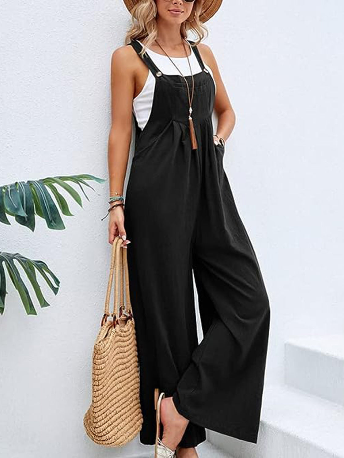 Full Size Wide Leg Overalls with Pockets Sunset and Swim Black S 