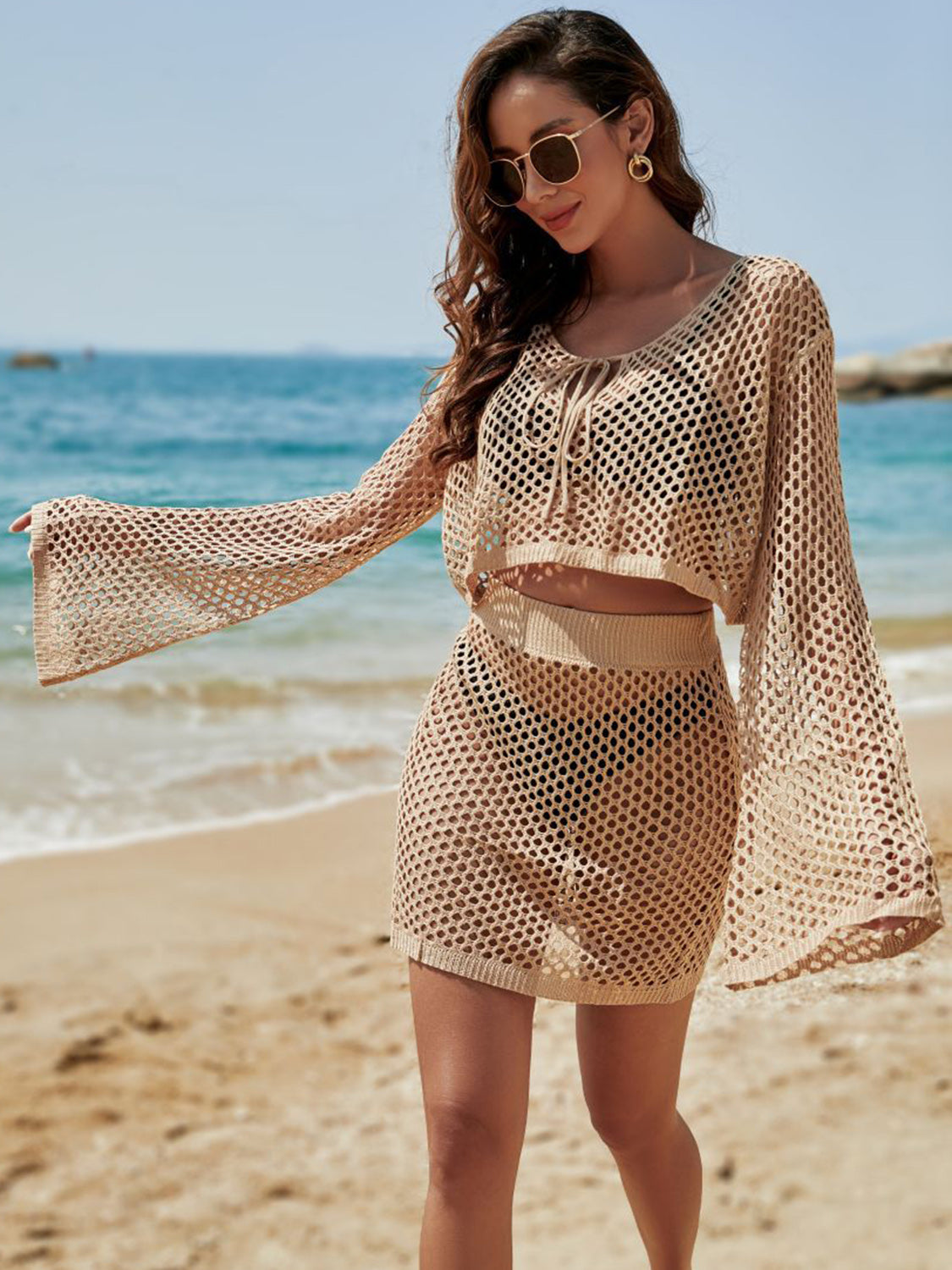 Sunset Vacation  Openwork Tie Neck Top and Skirt Swimsuit Cover-Up Set  Sunset and Swim   
