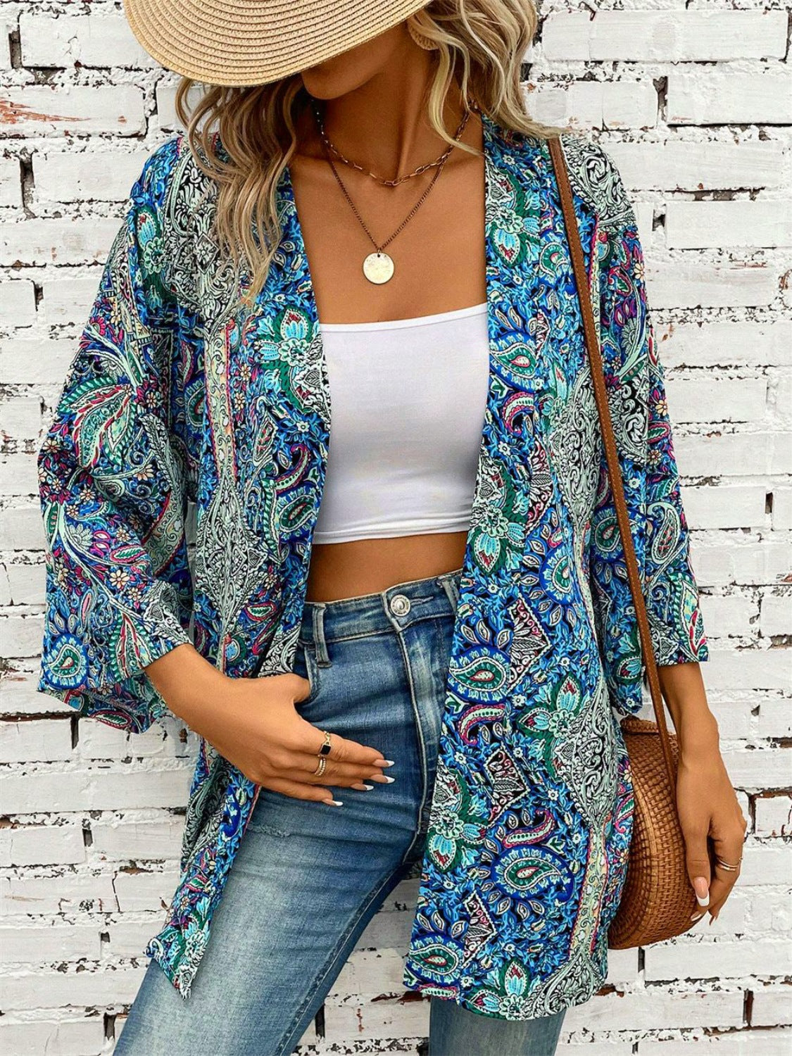 Printed Open Front Three-Quarter Sleeve Cover Up Sunset and Swim   