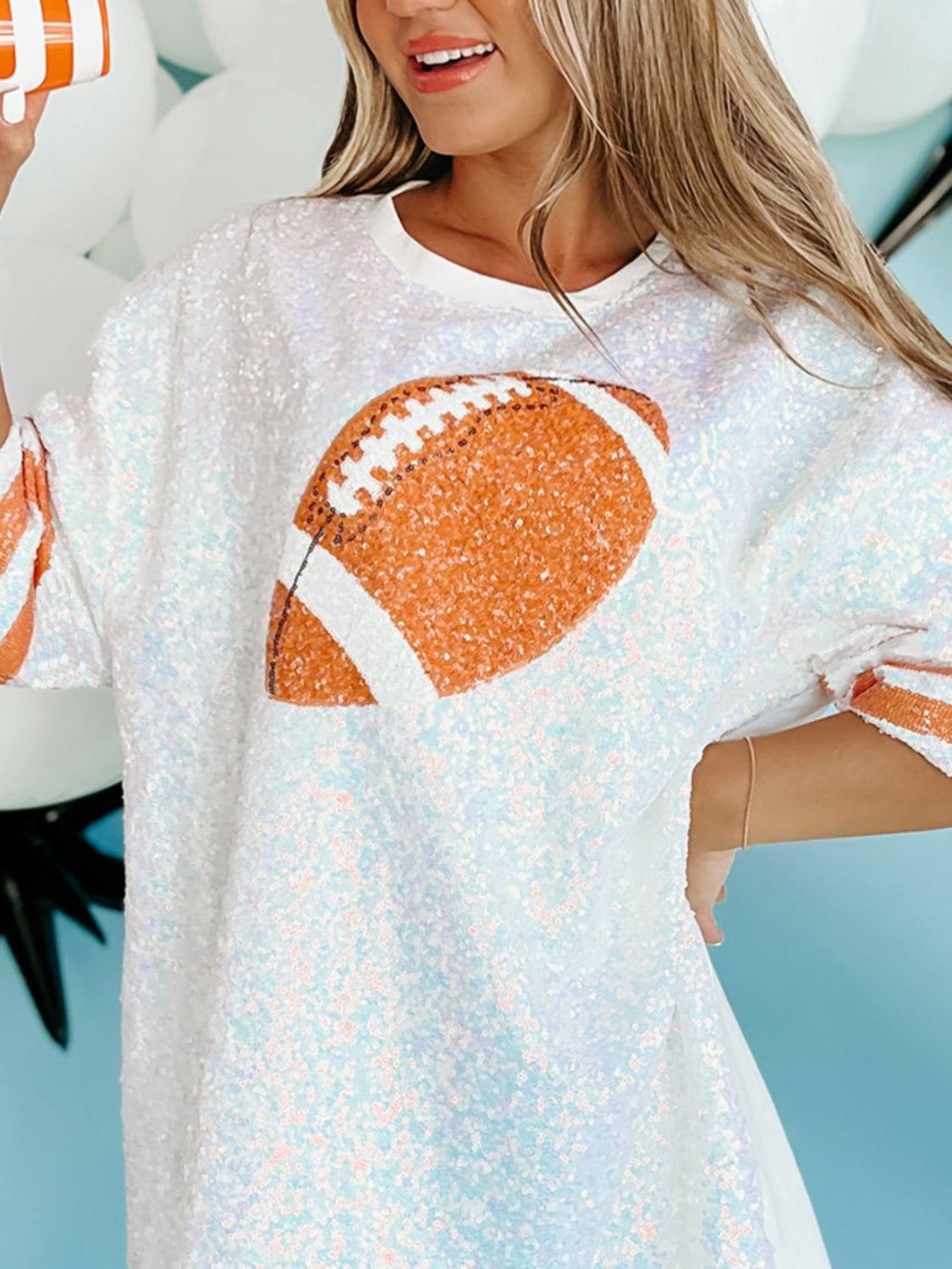 Sequin Football Round Neck Half Sleeve Oversize Top Sunset and Swim   