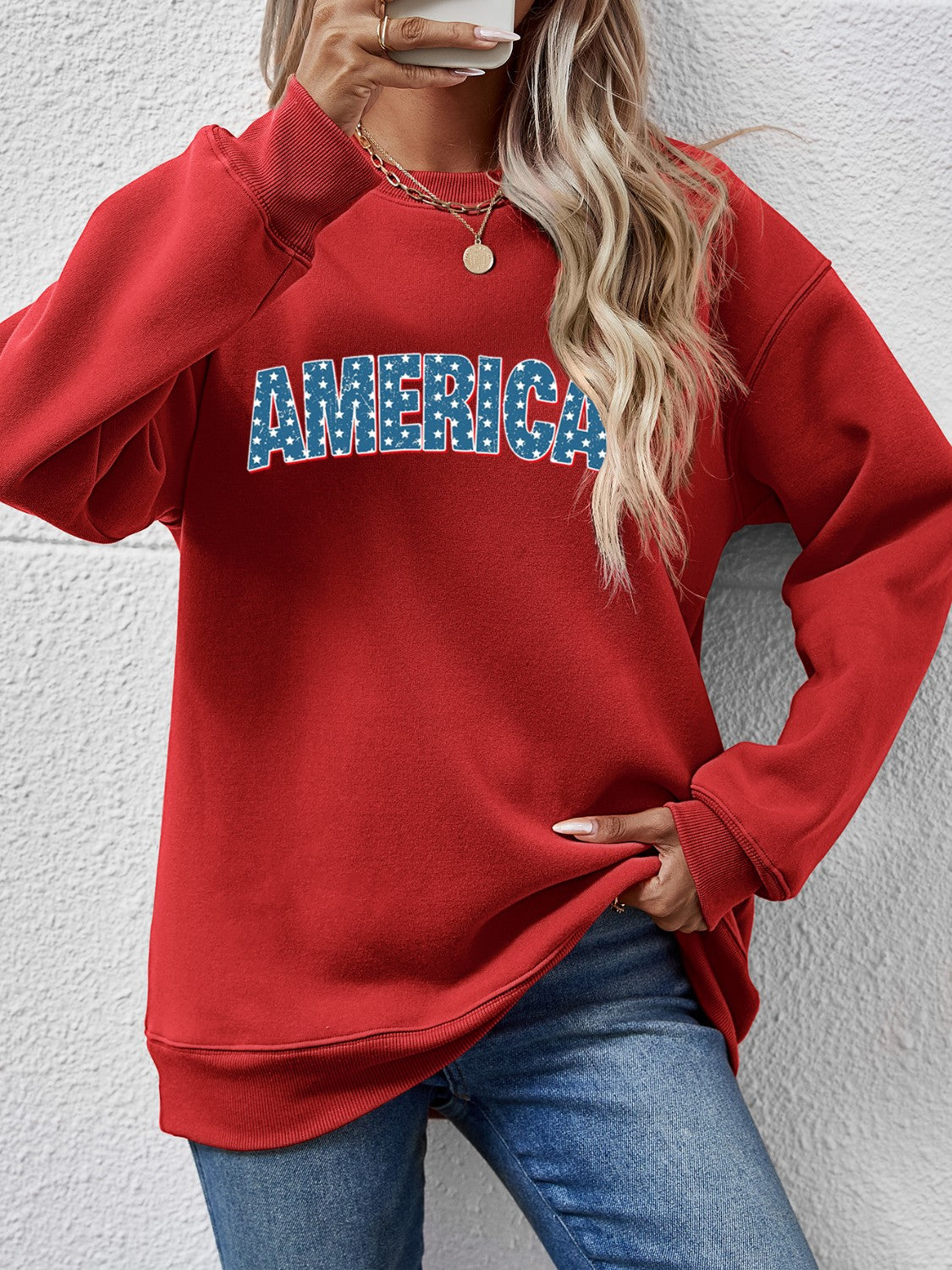 AMERICA Round Neck Dropped Shoulder Sweatshirt Sunset and Swim Deep Red S 
