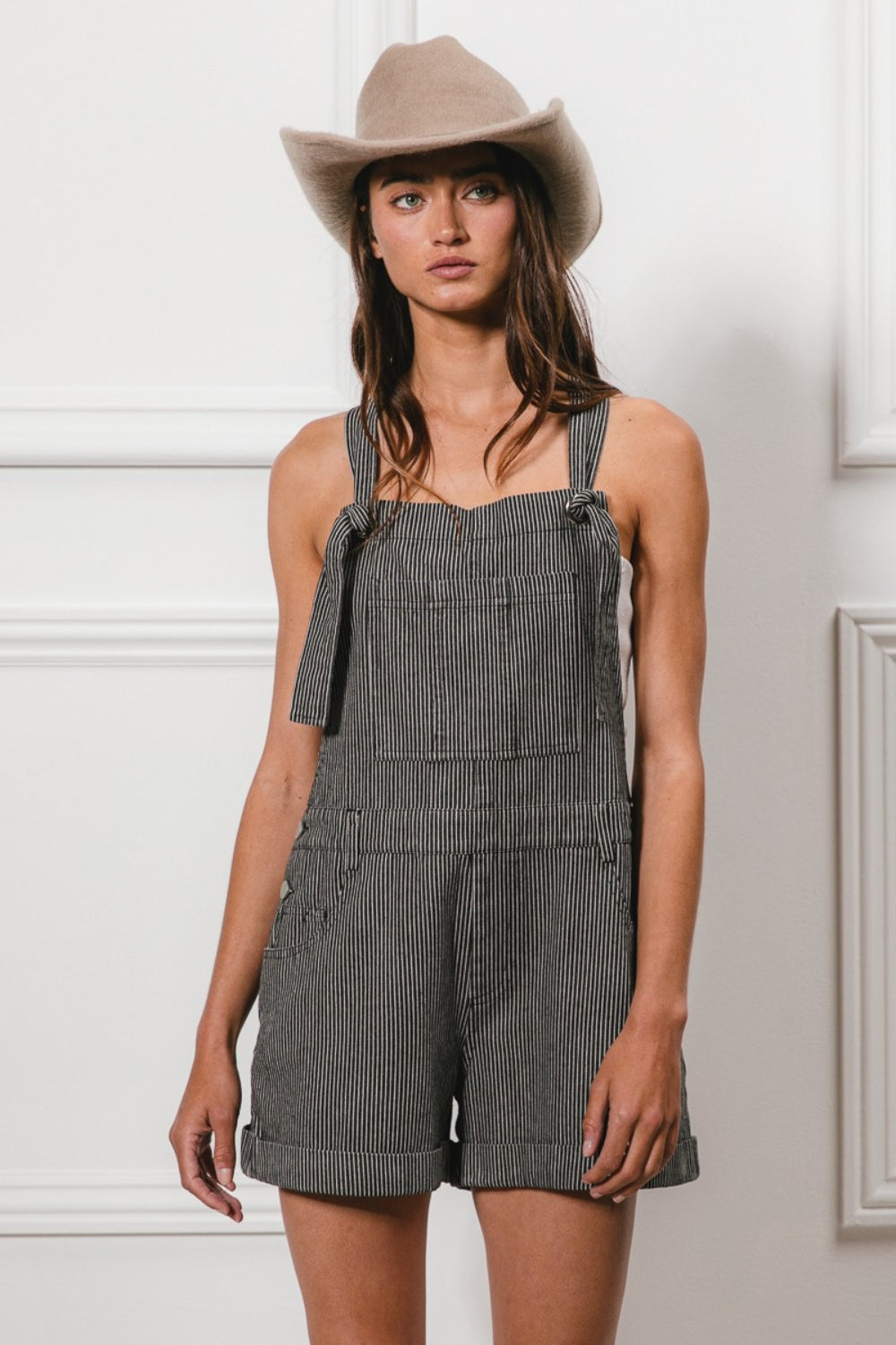 BiBi Tie Strap Washed Stripe Denim Overalls Sunset and Swim   