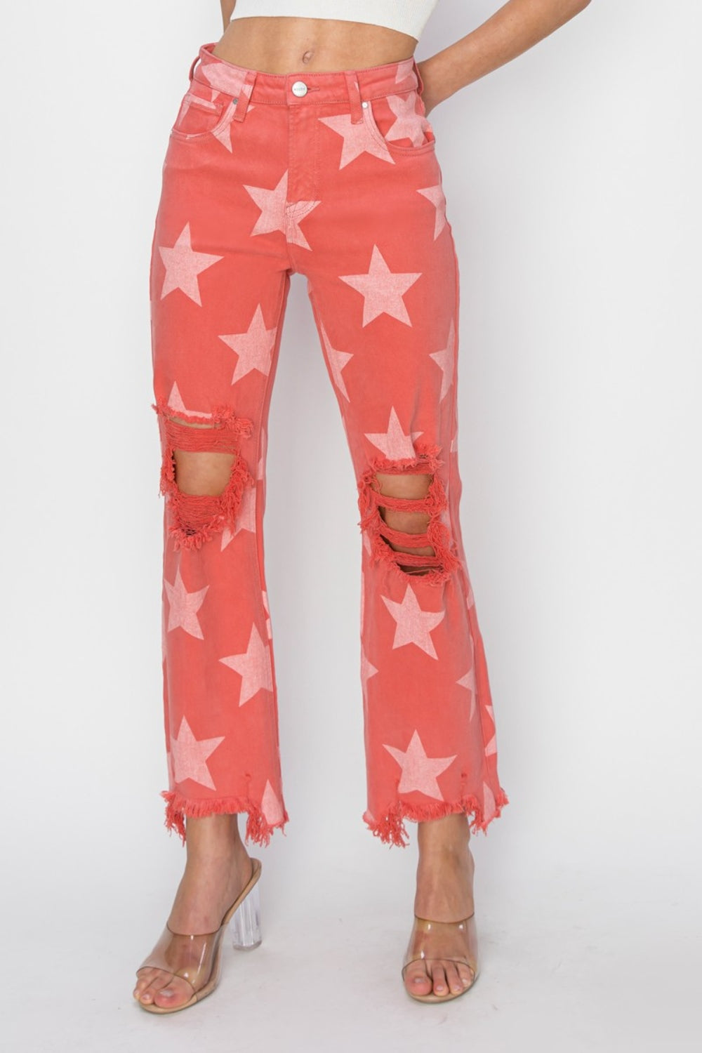RISEN Plus Size Distressed Raw Hem Star Pattern Jeans Sunset and Swim Peach Blossom 0 