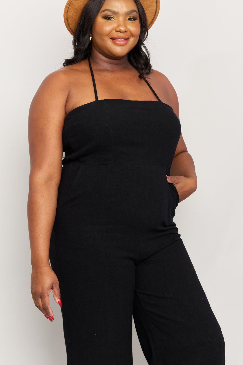 Sunset and Swim Plus Size Halter Neck Wide Leg Jumpsuit with Pockets Sunset and Swim   