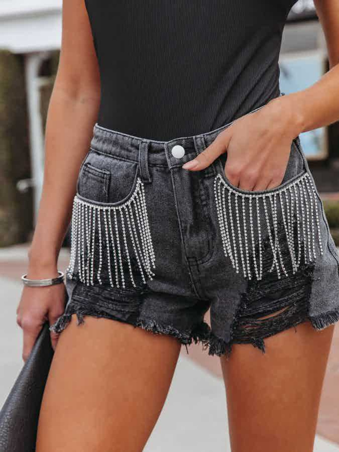 Distressed Fringe Denim Shorts with Pockets Sunset and Swim Black S 