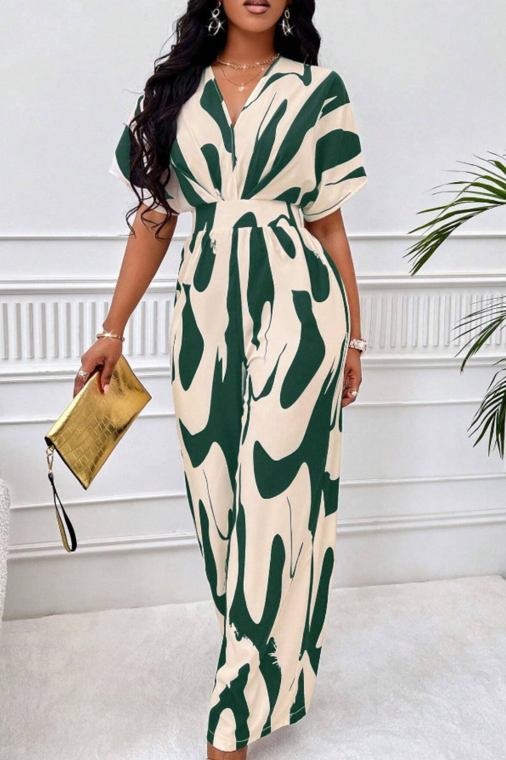 Printed V-Neck Short Sleeve Wide Leg Jumpsuit Sunset and Swim Dark Green S 