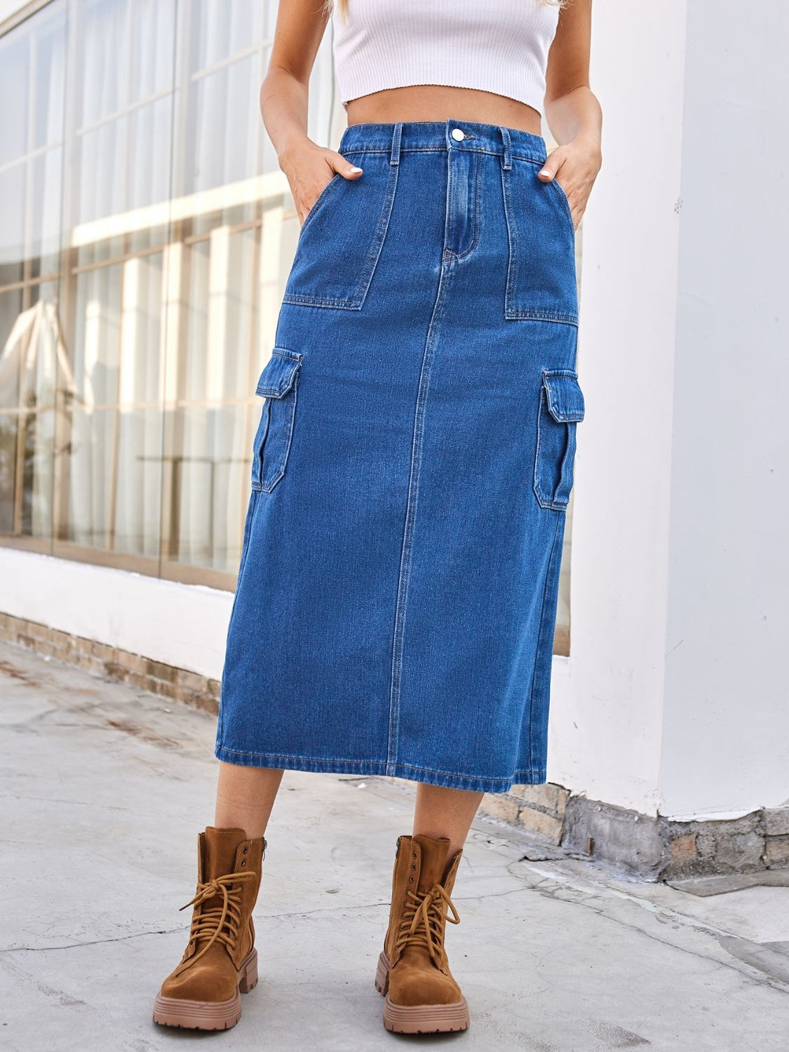 Sunset and Swim  Slit Midi Denim Skirt with Pockets Sunset and Swim   