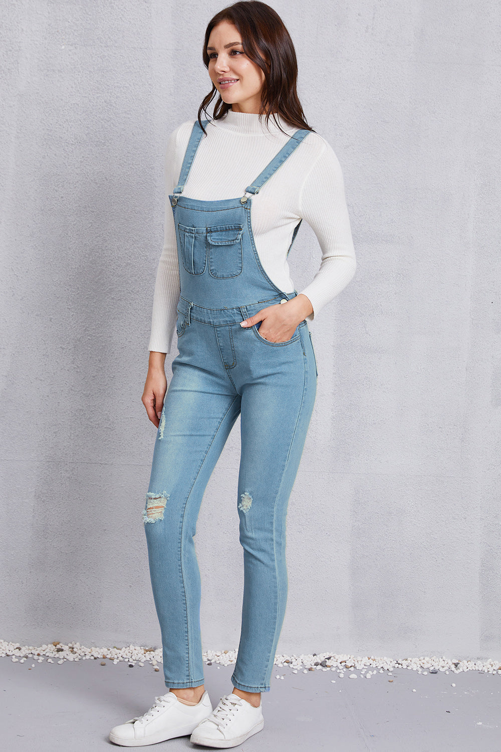 Distressed Washed Denim Overalls with Pockets Sunset and Swim   