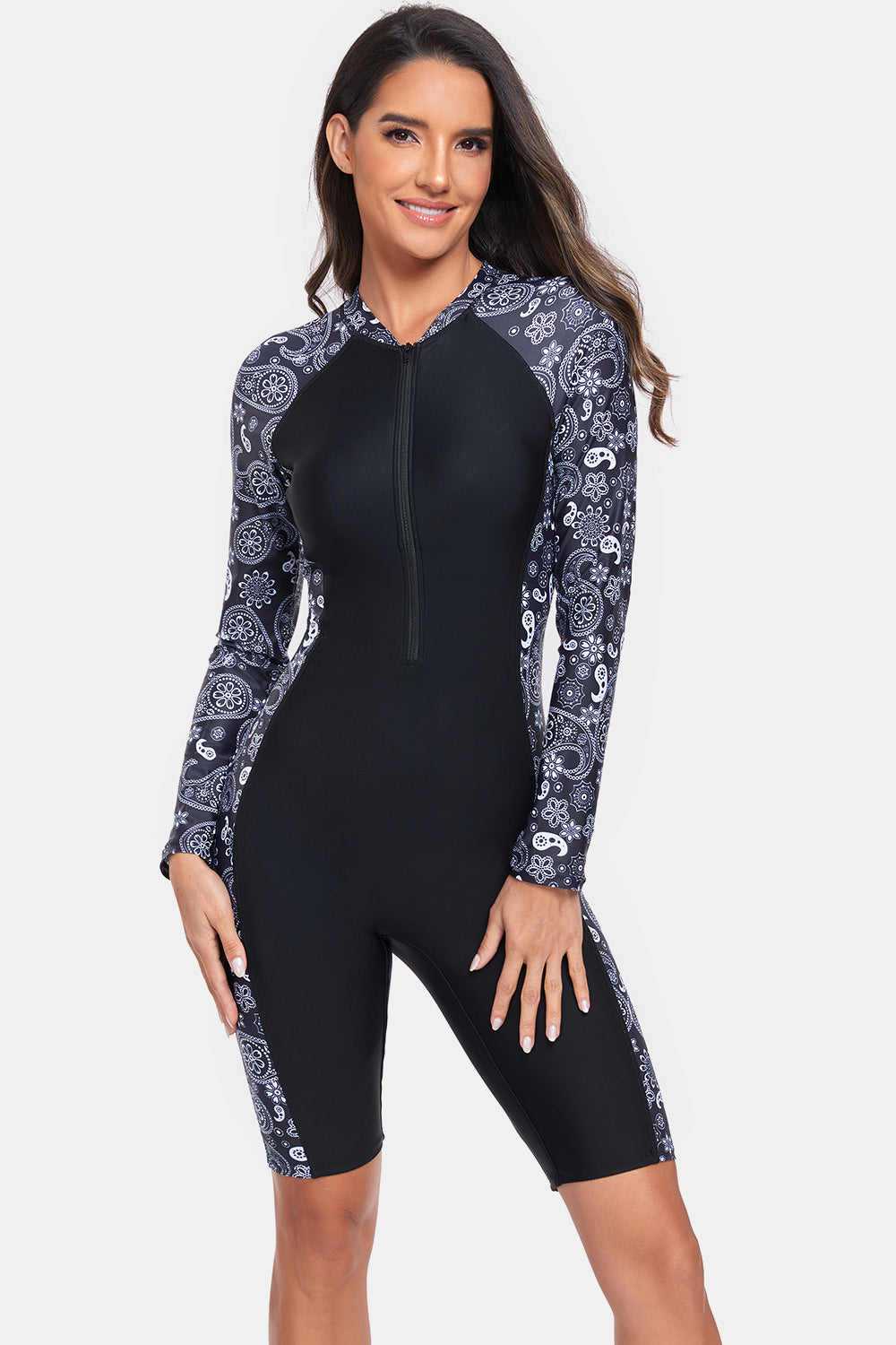 Printed Half Zip Long Sleeve One-Piece Swimwear Sunset and Swim   