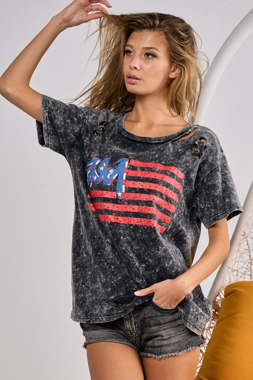 BiBi US Flag Washed Laser Cut T-Shirt Sunset and Swim   