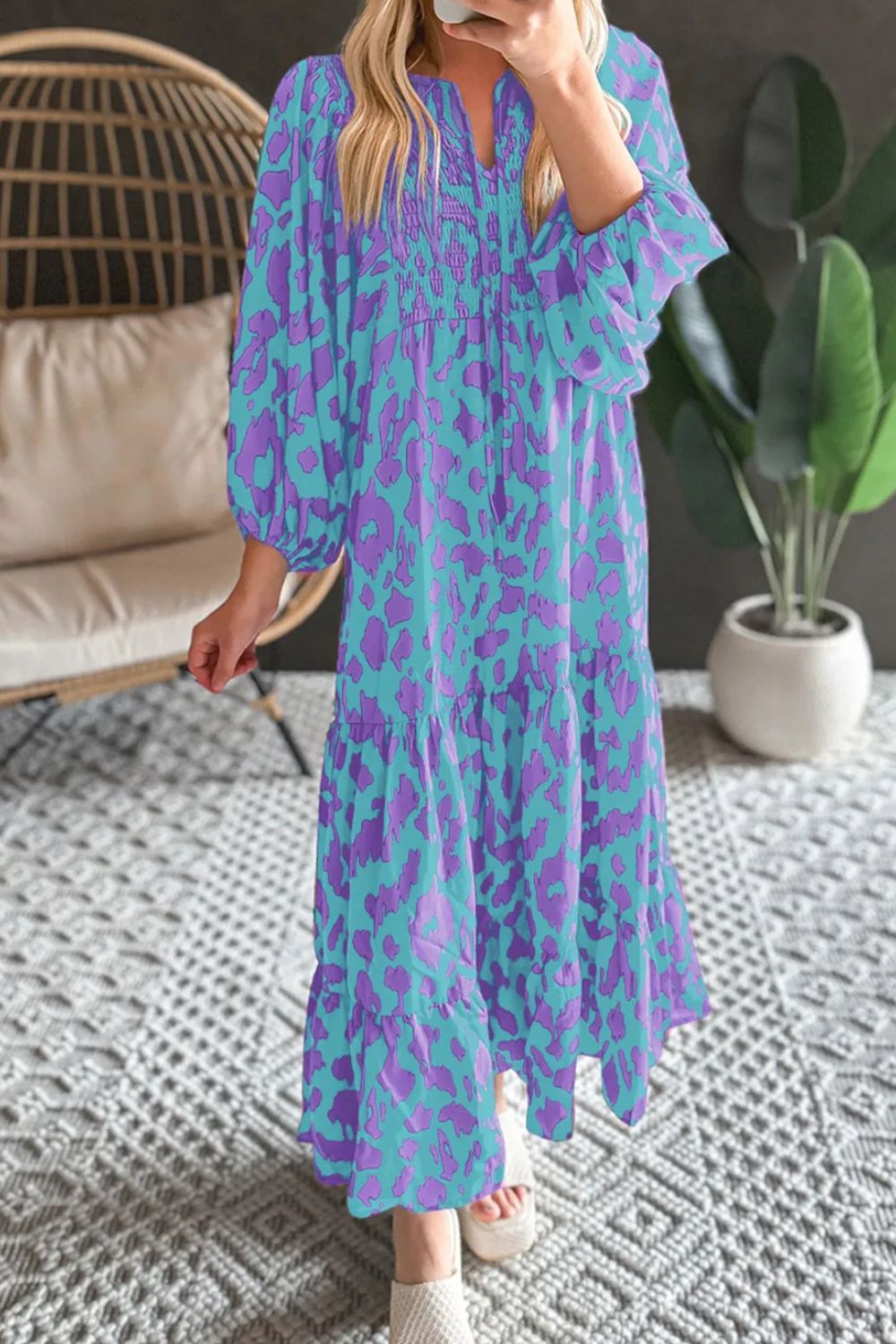 Smocked Printed Tie Neck Long Sleeve Dress Sunset and Swim Cerulean S 