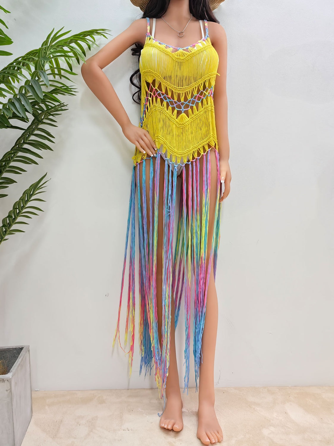 Sunset Vacation  Fringe Scoop Neck Spaghetti Strap Cover-Up  Sunset and Swim Chartreuse One Size 