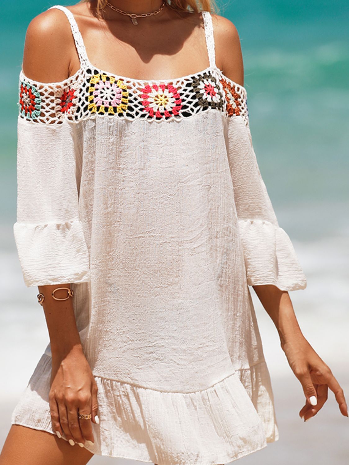 Sunset Vacation  Crochet Cold Shoulder Three-Quarter Sleeve Beach Cover Up Sunset and Swim White One Size 