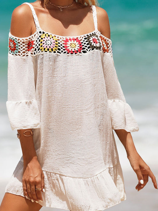 Sunset Vacation  Crochet Cold Shoulder Three-Quarter Sleeve Beach Cover Up  Sunset and Swim White One Size 