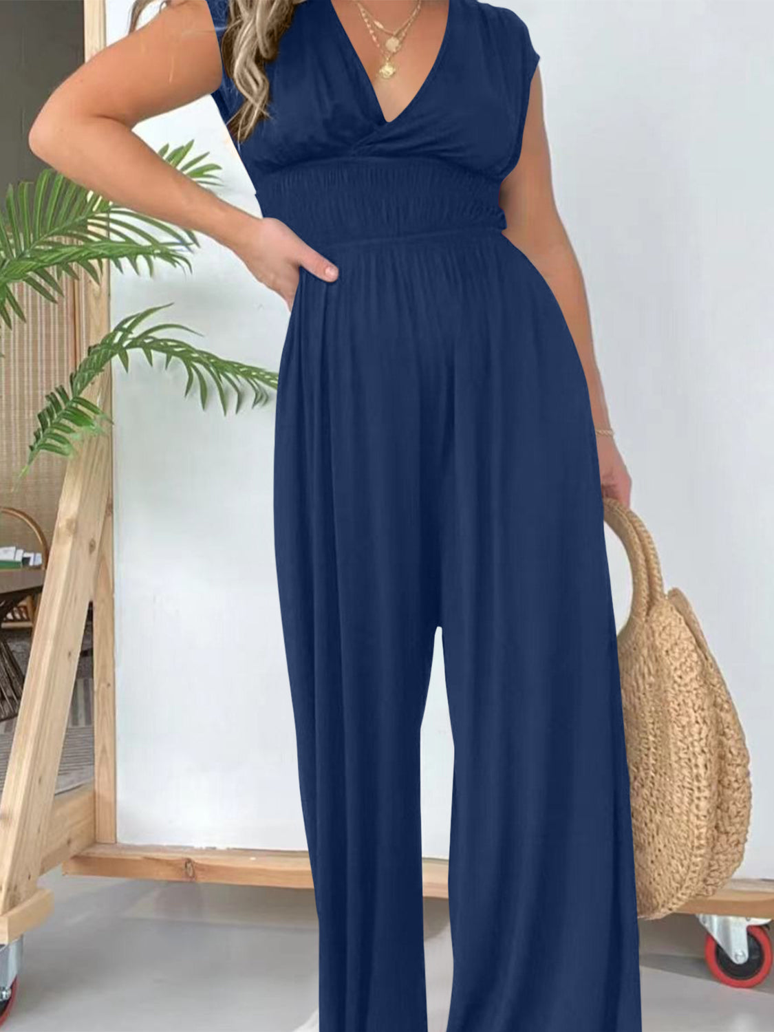 Smocked Cap Sleeve Wide Leg Jumpsuit Sunset and Swim   