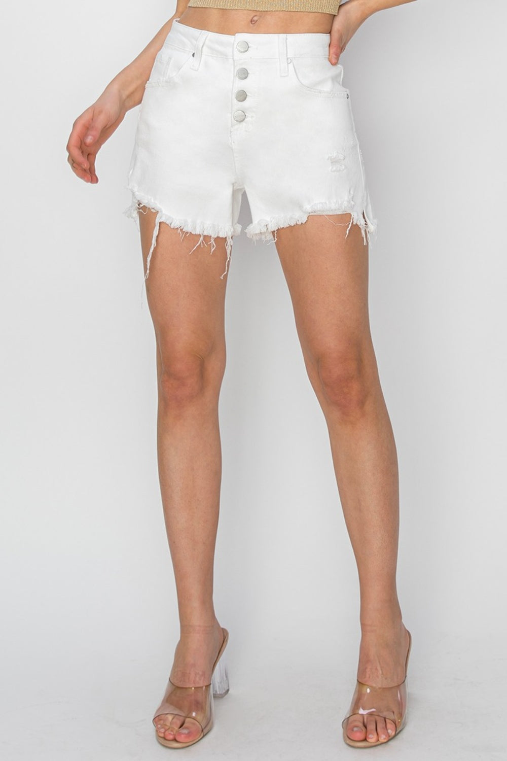 RISEN Button Fly Frayed Hem Denim Shorts Sunset and Swim   