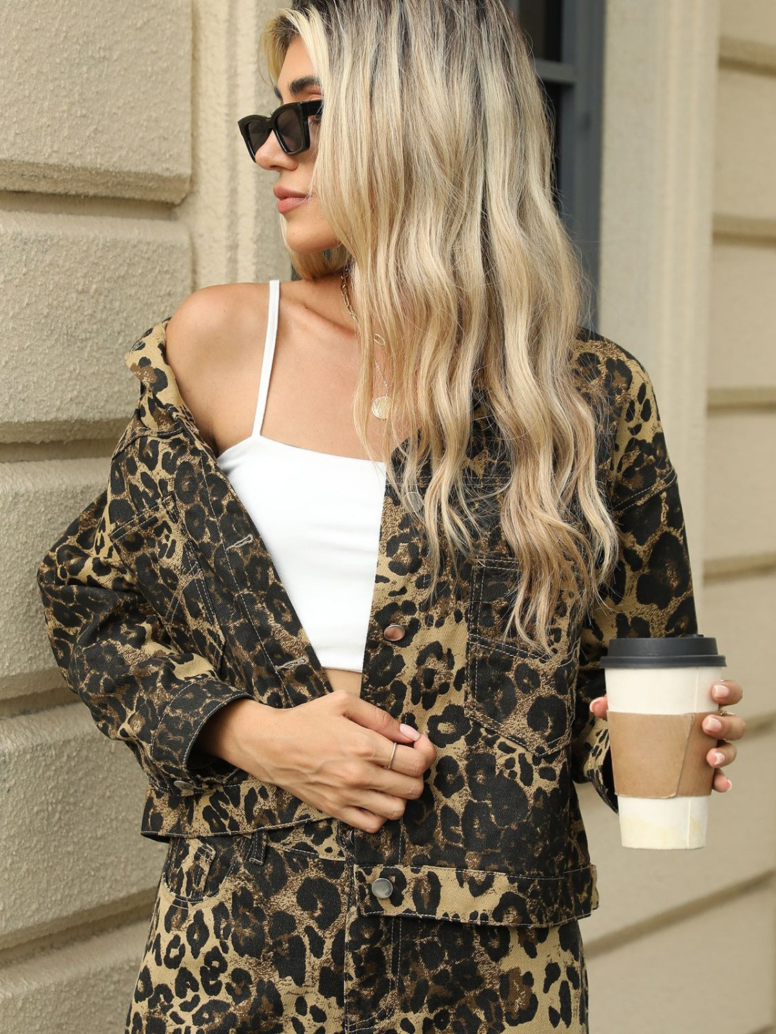 Pocketed Leopard Long Sleeve Denim Jacket Sunset and Swim   