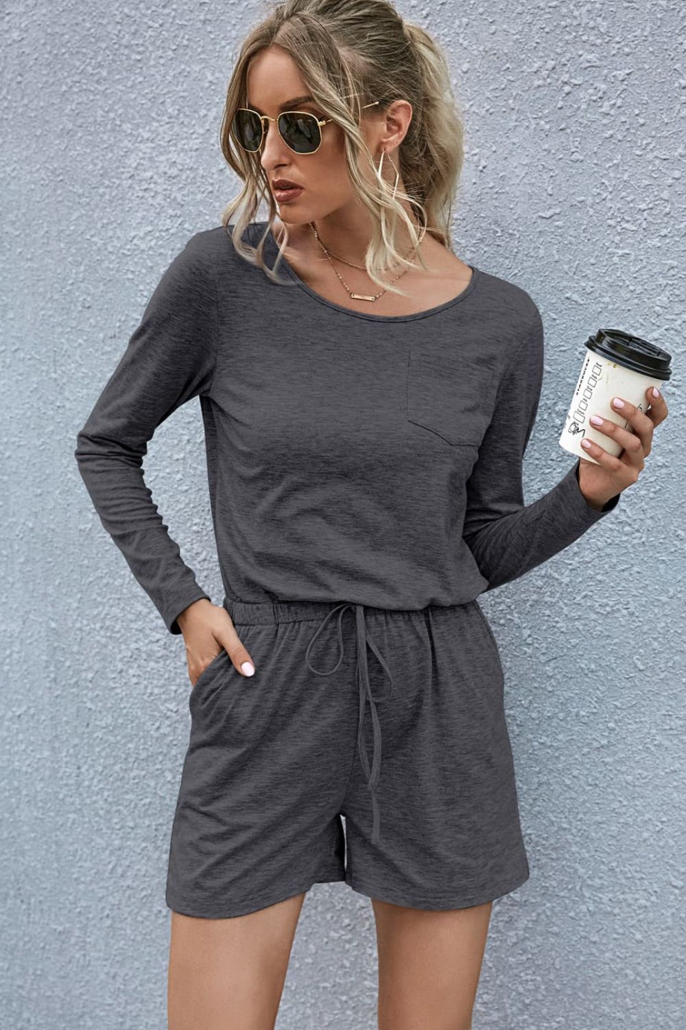 Drawstring Waist Long Sleeve Romper Sunset and Swim Dark Gray S 