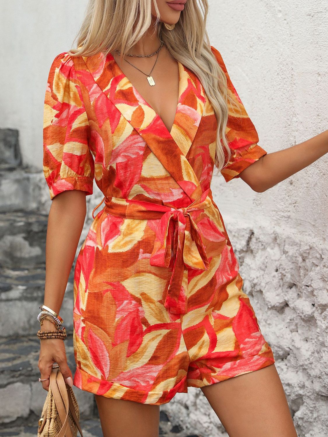 Printed Surplice Half Sleeve Romper Sunset and Swim   