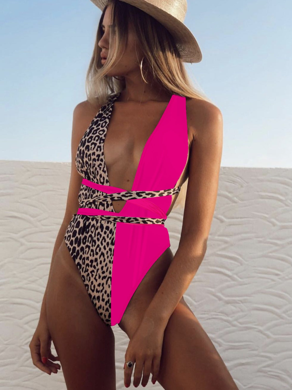 Sunset Vacation  Tied Leopard Plunge One-Piece Swimwear Sunset and Swim   