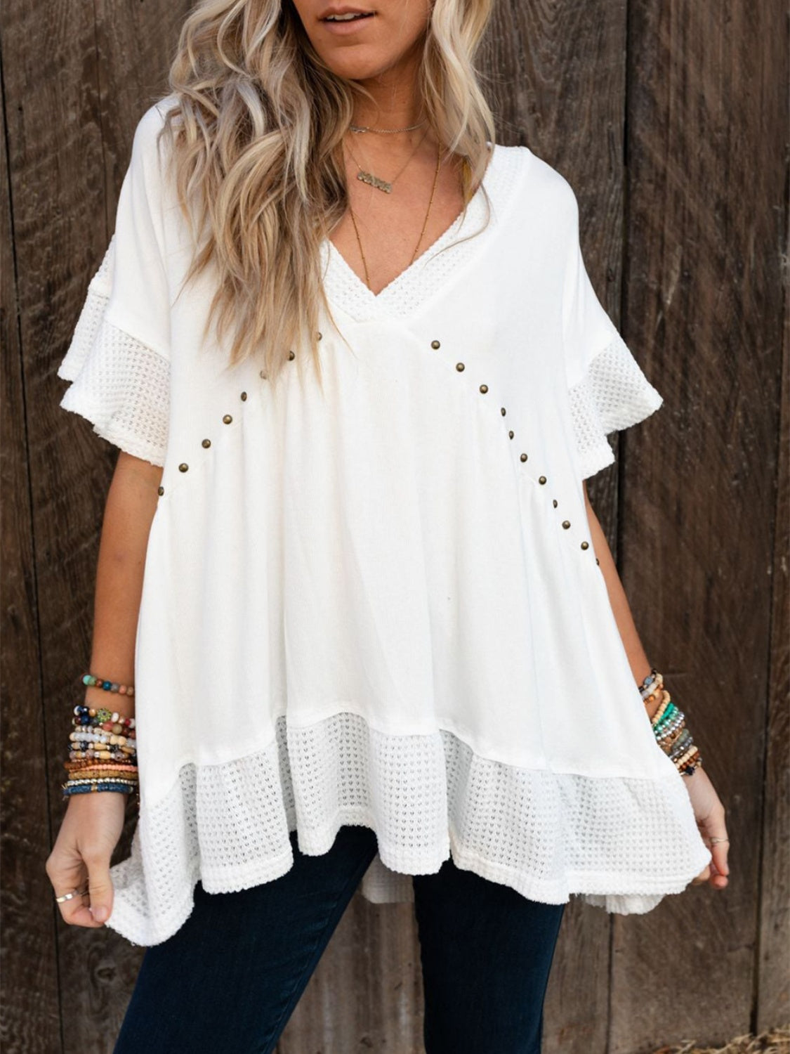 Studded V-Neck Half Sleeve Top Sunset and Swim   