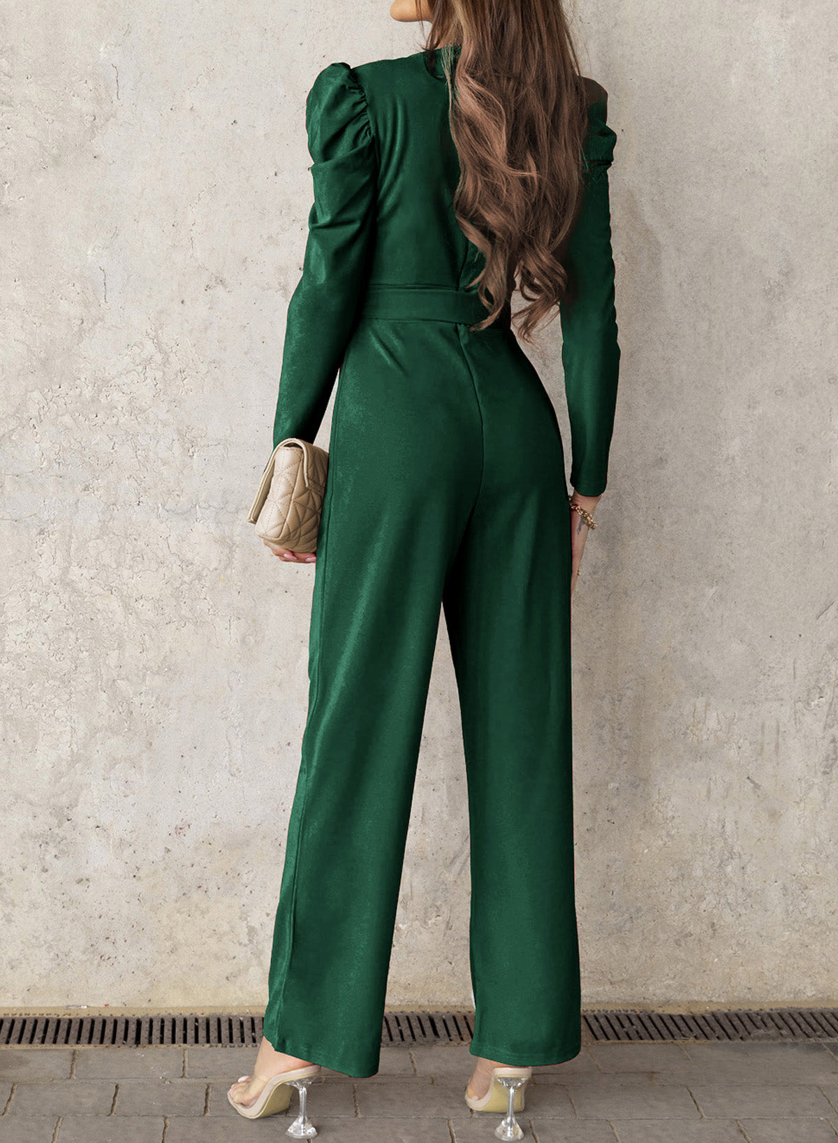 Sunset and Swim Belted Long Puff Sleeve V-Neck Jumpsuit Sunset and Swim   