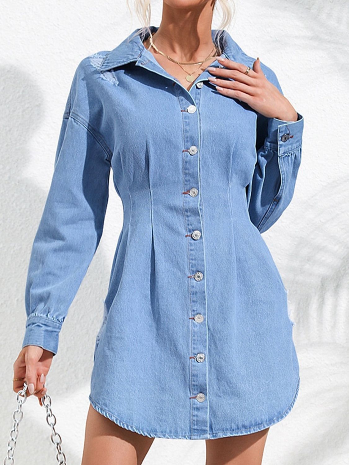 Distressed Button Up Long Sleeve Denim Dress Sunset and Swim   