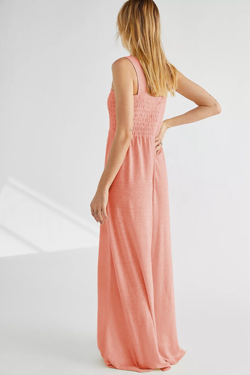 Smocked Square Neck Wide Leg Jumpsuit with Pockets Sunset and Swim   