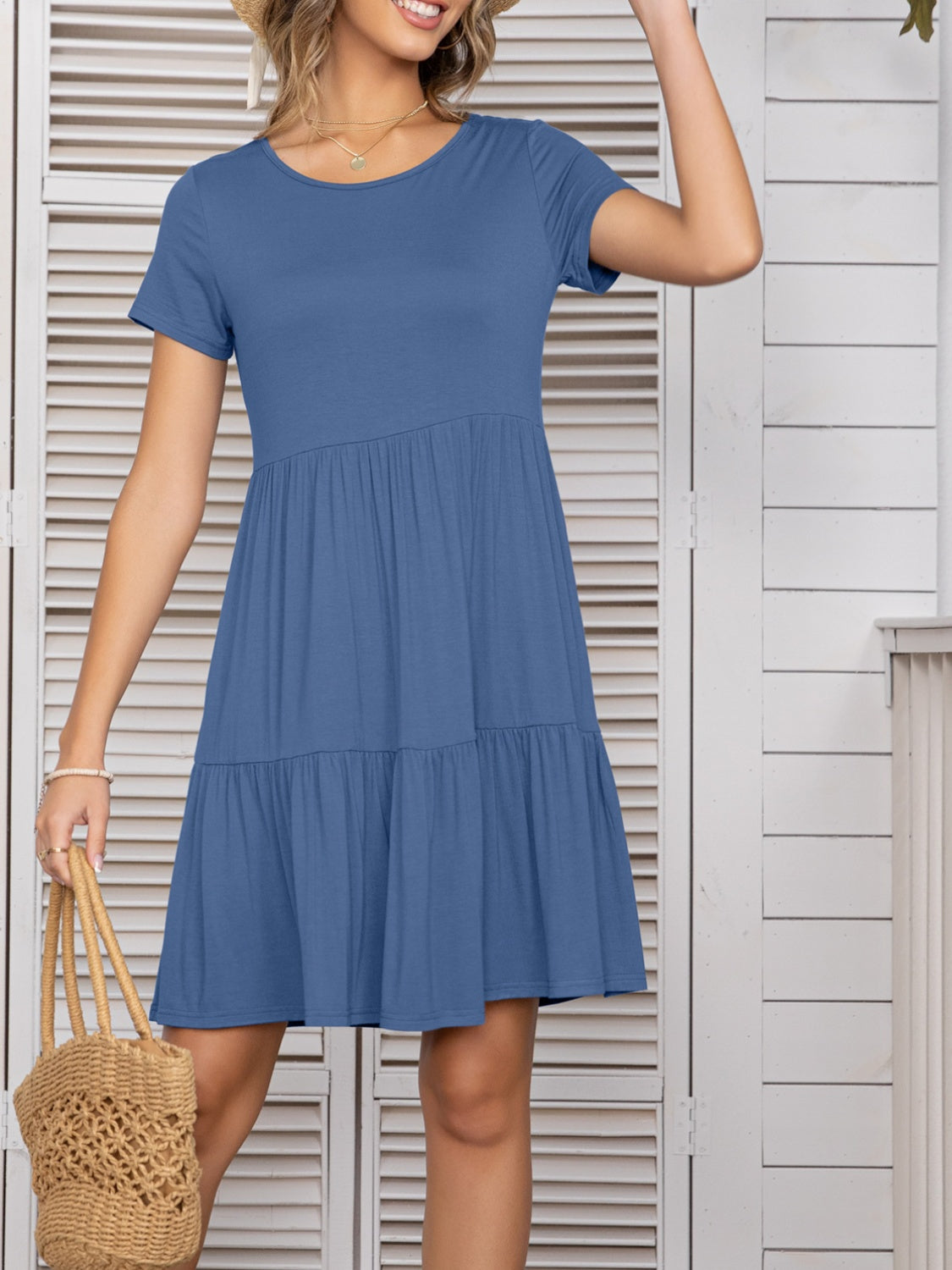 Round Neck Short Sleeve Mini Tee Dress Sunset and Swim   