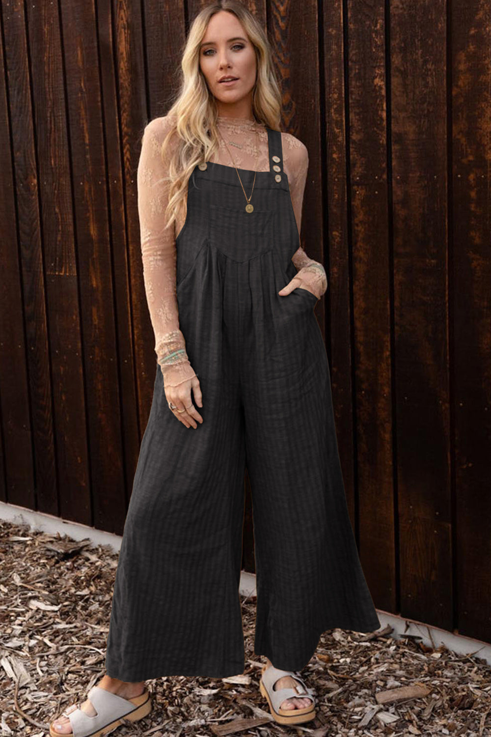 Texture Buttoned Wide Leg Overalls Sunset and Swim Black S 