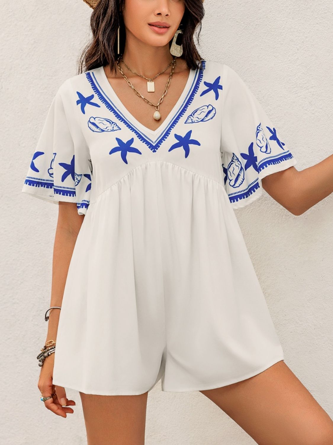 Printed V-Neck Half Sleeve Romper Sunset and Swim   