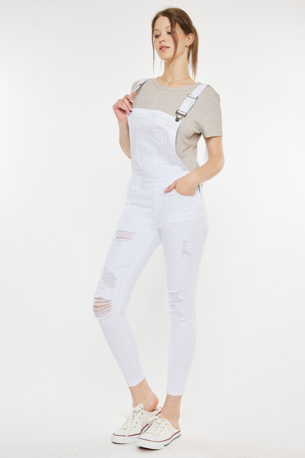 Kancan Distressed Skinny Denim Overalls Sunset and Swim White XS 